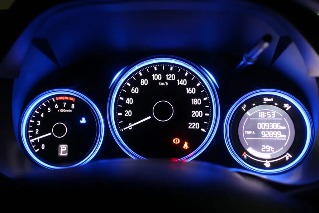 Night time close up of car dashboard