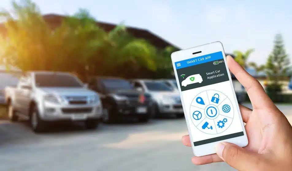 person using smartphone app to check car for potential issues and maintenance checks