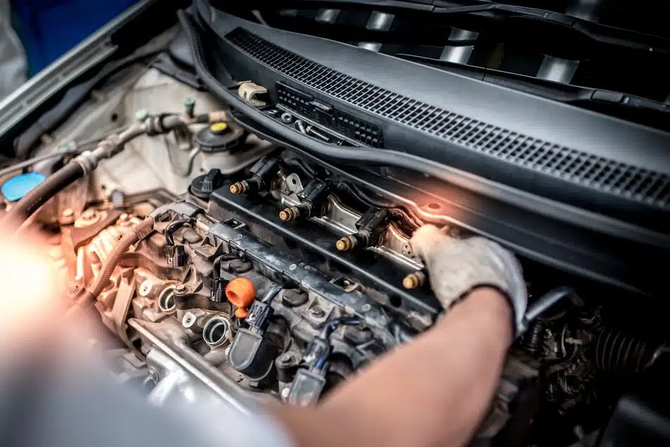 mechanic performing fuel injection service on vehicle