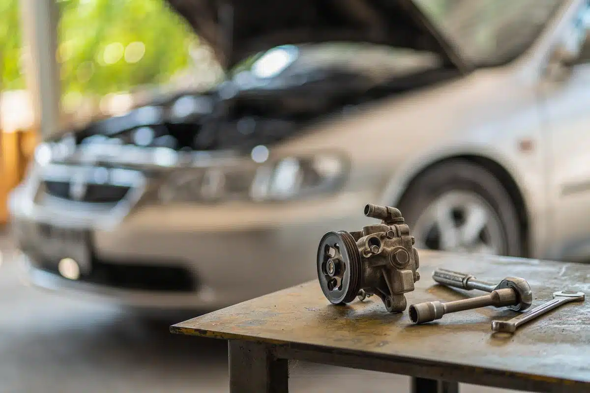 power steering pump being replaced at auto repair shop